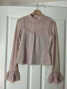 Free People Lace Panel Mock Neck Long Sleeve Top - Blush